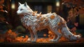 White fox in autumn color kimono, wooden art, subsurface scattering, AI Generative