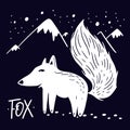 White Fox character. Flat icon. Hand drawn vector illustration. Black and white. Royalty Free Stock Photo