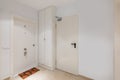 White foyer with closet and entrance to stair and apartment. The concept of comfortable modern urban comfortable housing