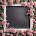 A white frame with a black frame for inscriptions is decorated with pink flowers