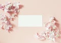 Styled feminine flat lay on pale pastel pink background, top view. Minimal woman`s desktop with blank page mock up, open envelope Royalty Free Stock Photo