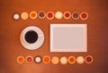 White frame, cup of coffee and assortment of mixed biscuits Royalty Free Stock Photo