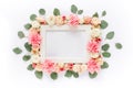 White frame decorated with pink roses flowers and leaves of eucalyptus. Flat lay, top view. Floral background. Floral Royalty Free Stock Photo