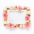 White frame decorated with pink roses flowers and leaves of eucalyptus. Flat lay, top view. Floral background. Floral Royalty Free Stock Photo