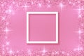 White frame on Festive pink background. Shining stars on light pink pastel background. Christmas. Wedding. Birthday