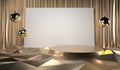 White frame on gold curtain. Plinth on the floor, golden floor, triangular abstract shape. Decorated with Christmas balls. 3D rend