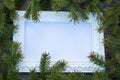 White frame and green branches of a Christmas tree on the background of old, wooden boards. Top view with copy space Royalty Free Stock Photo