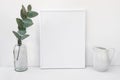 White frame mockup, eucalyptus branch in glass bottle, pitcher, styled minimalist clean image Royalty Free Stock Photo