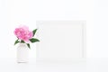 White frame mockup 4:5 ratio with pink peony