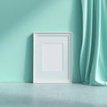 White Frame Mockup on Teal Wall with Flowing Curtain Royalty Free Stock Photo