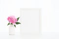 White frame mockup 8x10 with pink peony