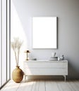 Mock up white frame in white interior with simple modern decor, Scandinavian style.Generative ai. Royalty Free Stock Photo