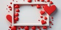 White frame with red hearts with copy space for text. Valentine\'s Greeting card concept. 3D render style