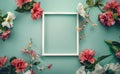 A white frame surrounded by flowers on a blue background. Generative AI Royalty Free Stock Photo