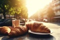 cup french bar table france food paris croissant drink breakfast. Generative AI.