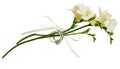 White freesia flowers and two golden rings tied with silk ribbon Royalty Free Stock Photo