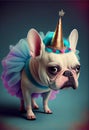 White French bulldog dog dressed in blue tutu and with a unicorn horn on his head. Royalty Free Stock Photo