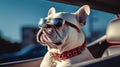 White French Bulldog, wearing sunglasses, driving an open top car, Generative AI