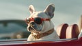 White French Bulldog, wearing sunglasses, driving an open top car, Generative AI