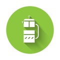 White French press icon isolated with long shadow. Green circle button. Vector Illustration Royalty Free Stock Photo