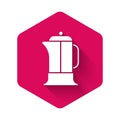 White French press icon isolated with long shadow. Pink hexagon button. Vector Royalty Free Stock Photo