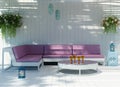 White fresh beach house in Greek island with outdoor sofa Royalty Free Stock Photo