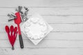 White cake frosting with baking accessories utensils on table, flat lay one white background