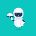 White friendly android robot holding a serving tray with a breakfast, and white towel. Robot waiter, butler. Royalty Free Stock Photo