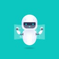 White friendly android robot with HUD interface screen. Cute and smile AI robot.