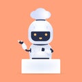 White friendly chef robot with food on table. Cooking Robot Artificial Intelligence concept