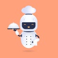 White friendly chef robot holding a serving tray and white towel. Cooking Robot Artificial Intelligence concept