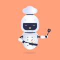 White friendly chef robot with pan and turner. Cooking Robot Artificial Intelligence concept