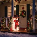 White front door of country house decorated with Christmas wreath, snowman, fir garlands with lights Royalty Free Stock Photo