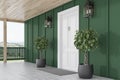White front door of green house, bench, side view Royalty Free Stock Photo