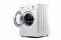 White Front Load Washing Machine Isolated on White Background. Modern Washer with Electronic Control Panel. Side View of Household Royalty Free Stock Photo