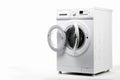 White Front Load Washing Machine Isolated on White Background. Modern Washer with Electronic Control Panel. Side View of Household Royalty Free Stock Photo
