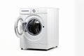 White Front Load Washing Machine Isolated on White Background. Modern Washer with Electronic Control Panel. Side View of Household Royalty Free Stock Photo