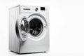 White Front Load Washing Machine Isolated on White Background. Modern Washer with Electronic Control Panel. Side View of Household Royalty Free Stock Photo