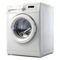 White front loading washing machine with silver drum and control panel isolated on white Royalty Free Stock Photo