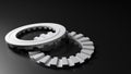 White front toothed gears on a black surface - 3D rendering illustration