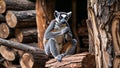 White-fronted brown lemur grooming behind log stack Royalty Free Stock Photo