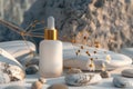 White frosted glass dropper bottle with golden cap, surrounded by stones and dried flowers