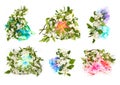 White fruit apple tree blossom flower and hand painted bright watercolor blot spot splash on white background. Collection set of