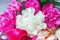 White and fuchsia peony bouquet on womanÃ¢â¬â¢s silk scarf isolated on lilac background. Close up, flat lay. Royalty Free Stock Photo