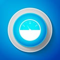 White Fuel gauge icon isolated on blue background. Full tank. Circle blue button with white line. Vector