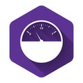 White Fuel gauge icon isolated with long shadow. Full tank. Purple hexagon button