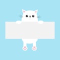 White funny cat hanging on paper board template. Kitten body with paw print. Cute cartoon character. Kawaii animal. Baby card. Pet Royalty Free Stock Photo