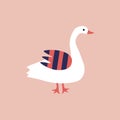 White funny goose hand drawn vector illustration. Cute isolated farm bird in flat style for kids logo..