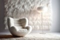 White fur armchair near wall with fur decor and fluffy floor lamp. Interior design of modern living room. Created with generative Royalty Free Stock Photo