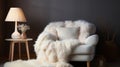 White fur armchair near wall with fur decor and fluffy. Generative AI. Royalty Free Stock Photo